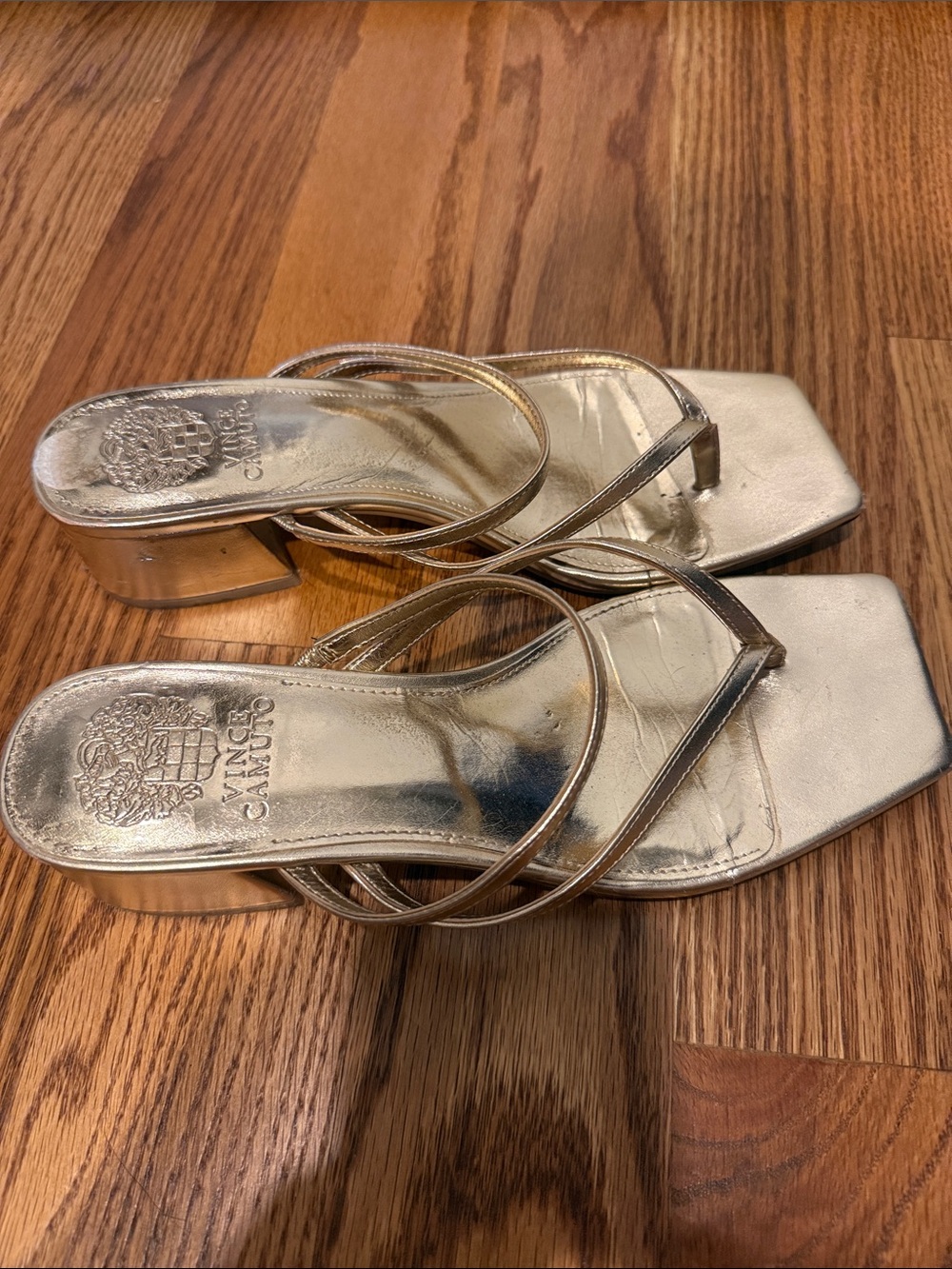 Vince Camuto Metallic Gold Strappy Block Heel Mules